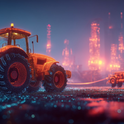 KI generiertes Bild zeigt Phantasie Traktor und weitere Baumaschinen vor nächtlich beleuchteter Industrielandschaft